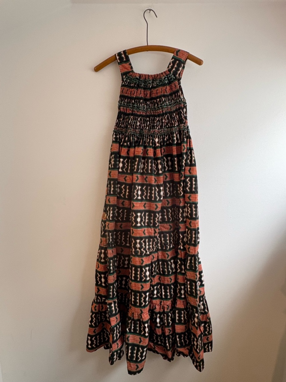 Smocked Bodice African Wax Print Maxi Dress in Rust, Green and Black - Picture 1 of 4